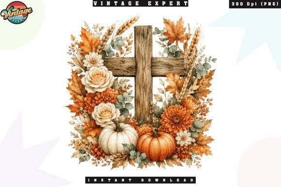 Autumn Cross Pumpkin Floral Faith PNG Illustrations