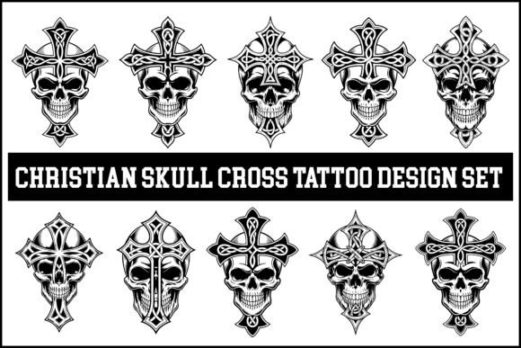 Christian Skull Cross Tattoo Design Set Illustrations